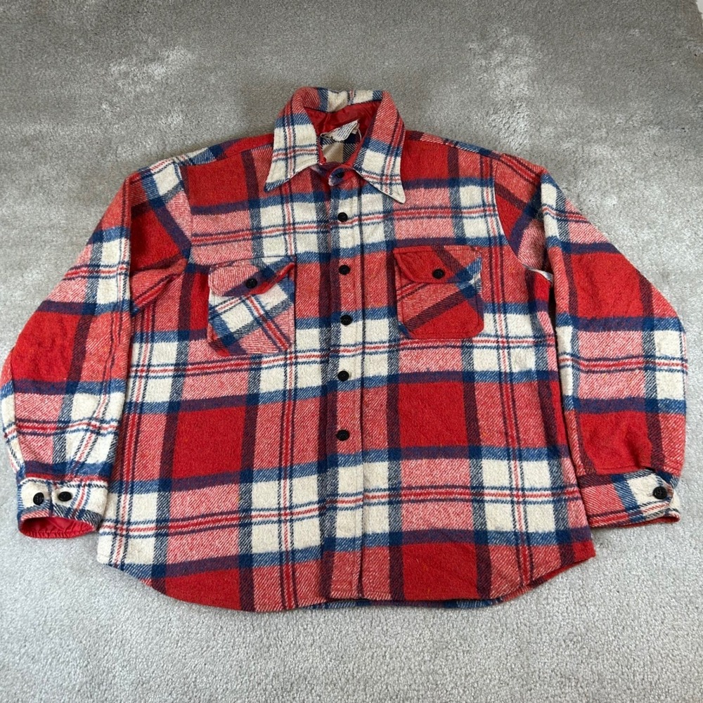 True Vintage 50s CPO Red White Blue Plaid Wool Blend‎ Flannel Shirt Men's M USA